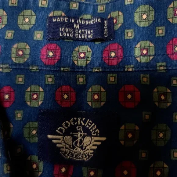 Dockers Mens Medium Blue Green Diamond Geometric Long Sleeve Button Up Shirt - Picture 11 of 11